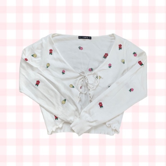 Zaful Tie Front Ditsy Flower Embroidered Cardigan - Picture 2 of 7